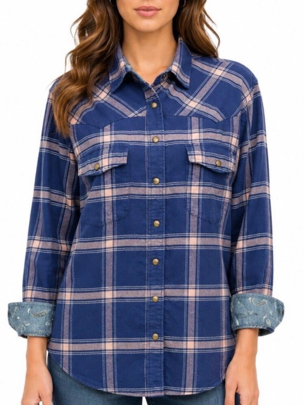 JACHS Girlfriend Plaid Comfort Stretch Flannel Snap Button Western Sz S